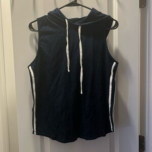 Sleeveless Navy Blue Shirt with a hood White stripes on the side